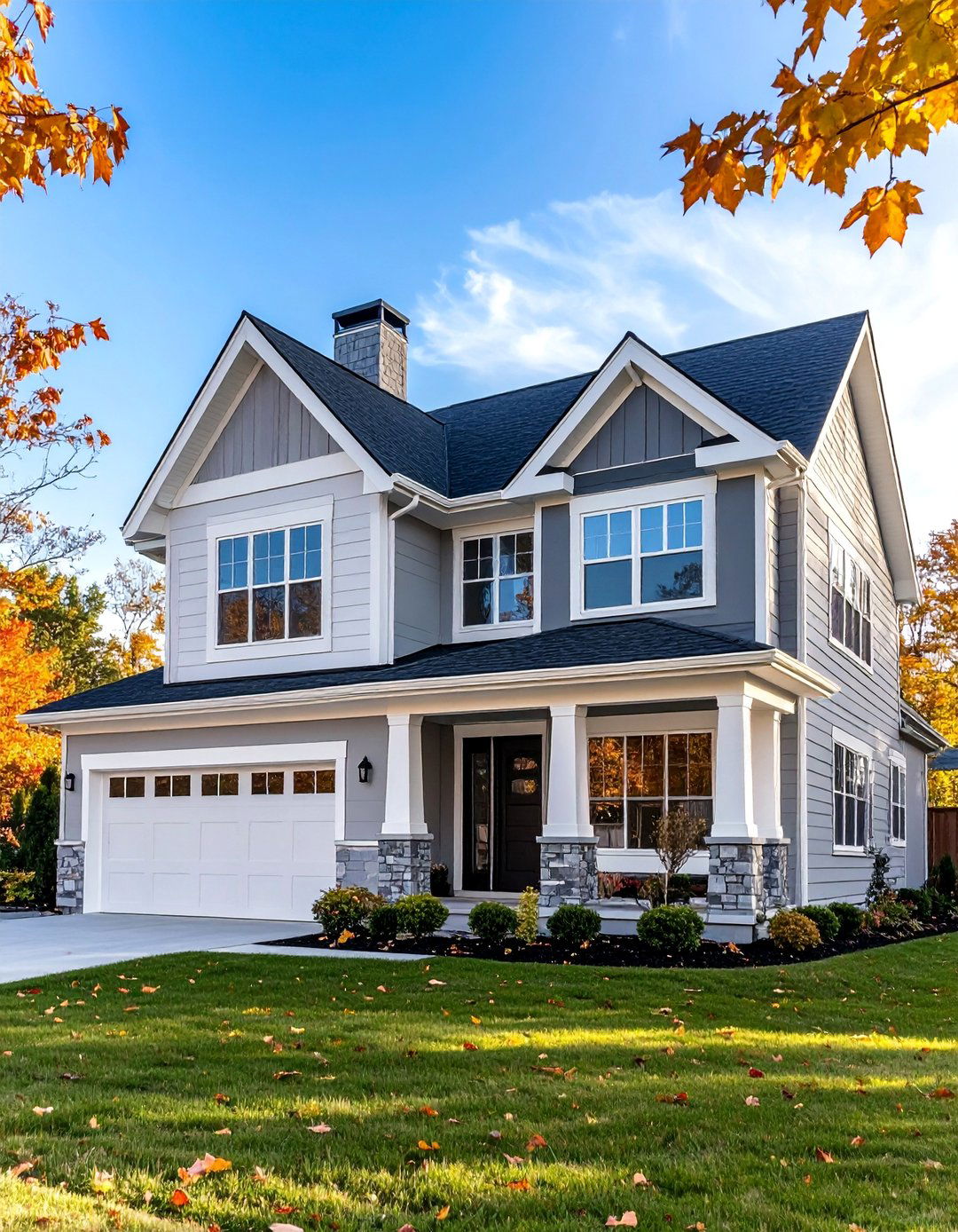 Light Grey Split Level with Multi Plane White Trim - 25 Light Grey House With White Trim Design Ideas