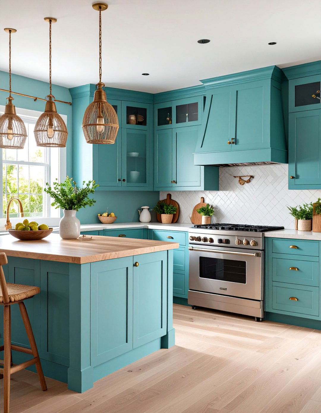 Light Teal Coastal Kitchen with Natural Wood Elements - 25 Teal Kitchen Ideas