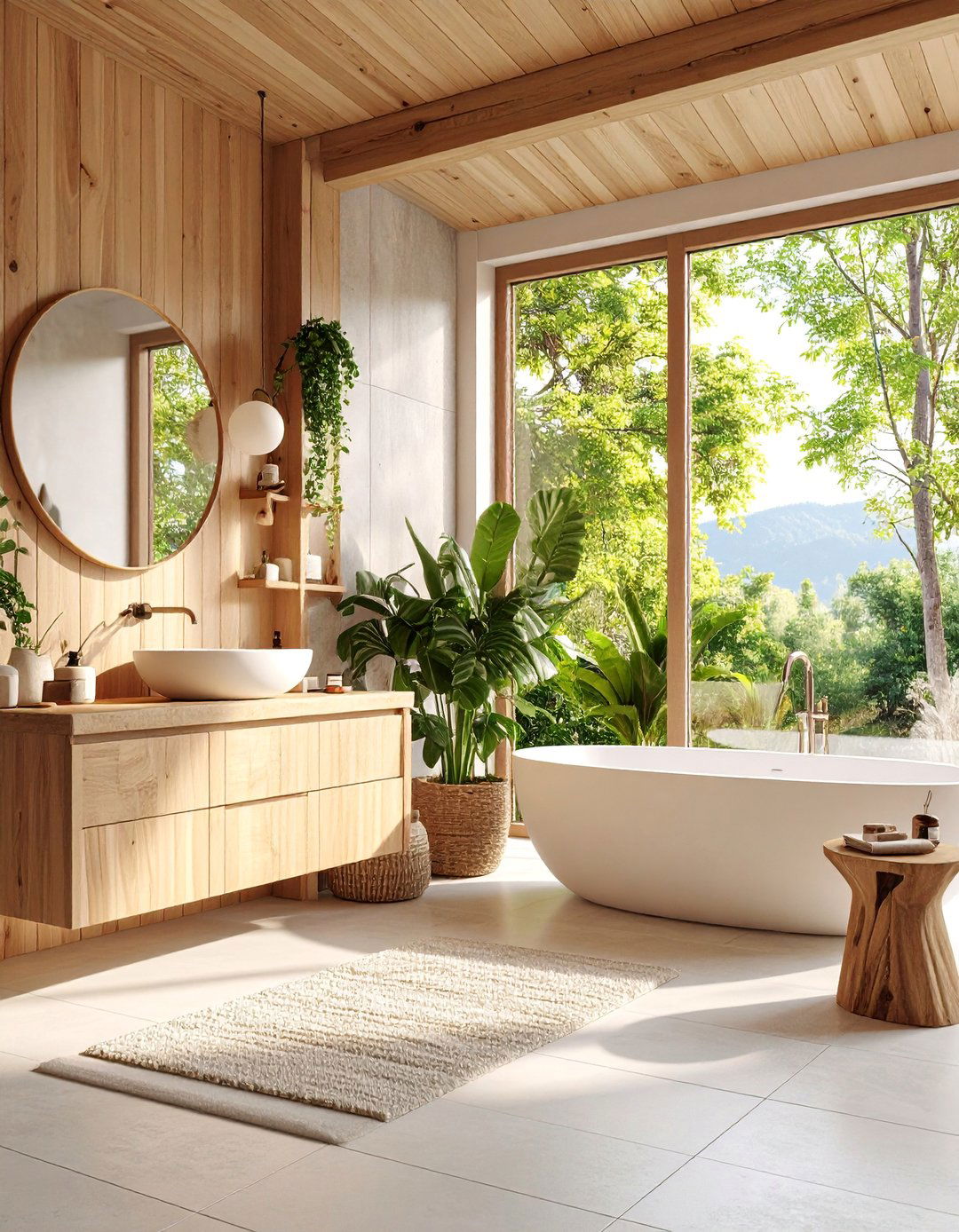 Light Wood and Stone Organic Bathroom - 25 Neutral Bathroom Ideas