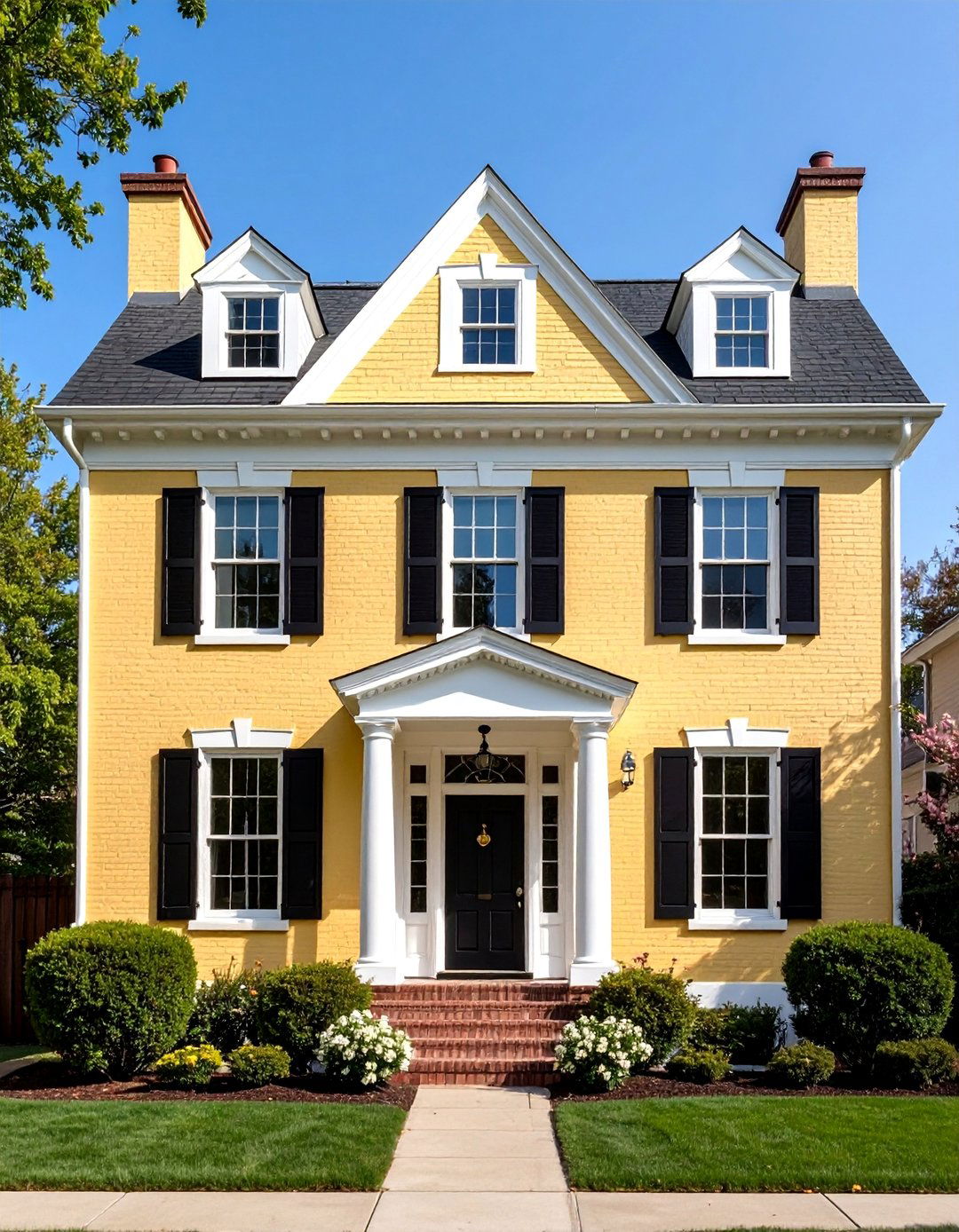 Light Yellow Brick with White Trim and Black Shutters - 25 Exterior Brick and Paint Color Combinations