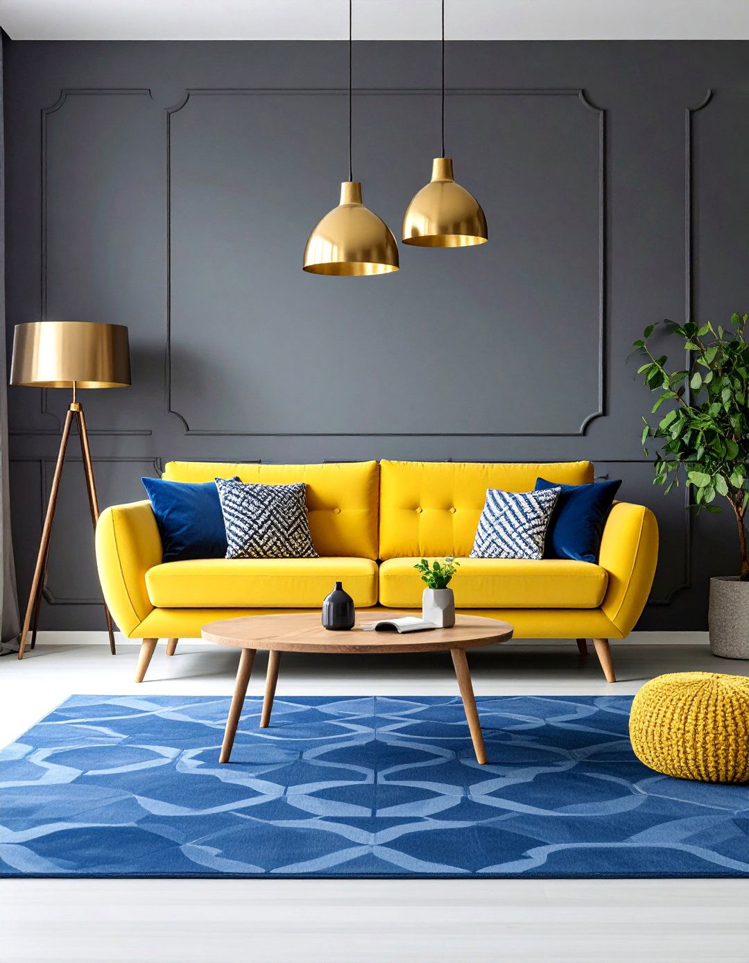 Light Yellow Sofa with Blue Geometric Area Rug - 25 Yellow and Blue Living Room Ideas