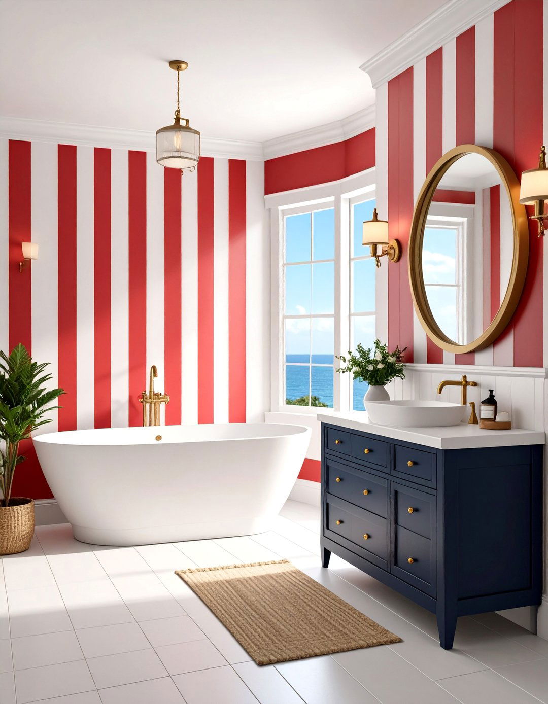 Lighthouse Lookout Bathroom with Striped Walls - 25 Coastal Bathroom Ideas