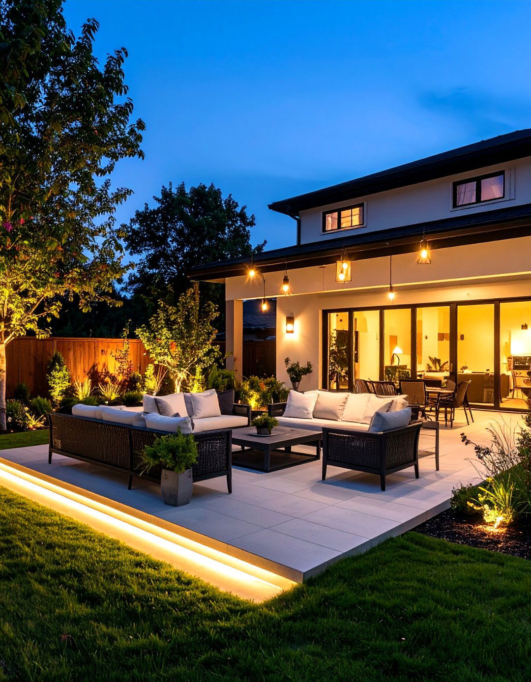 Lighting Focused Patio with Dramatic Evening Appeal - 25 Black and White Patio Ideas