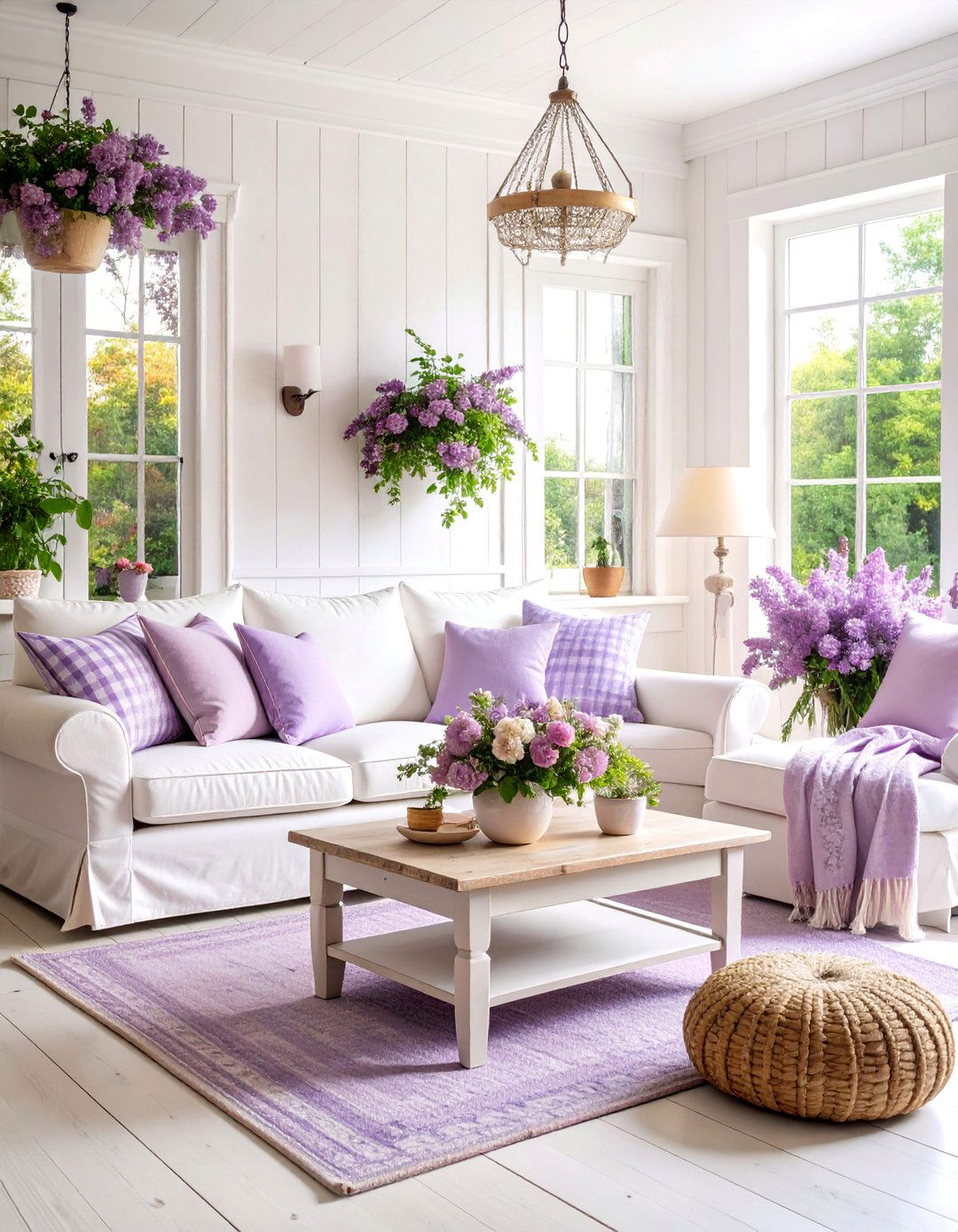 Lilac Cottage Core Living Room with Floral Patterns - 25 Purple Living Room Ideas