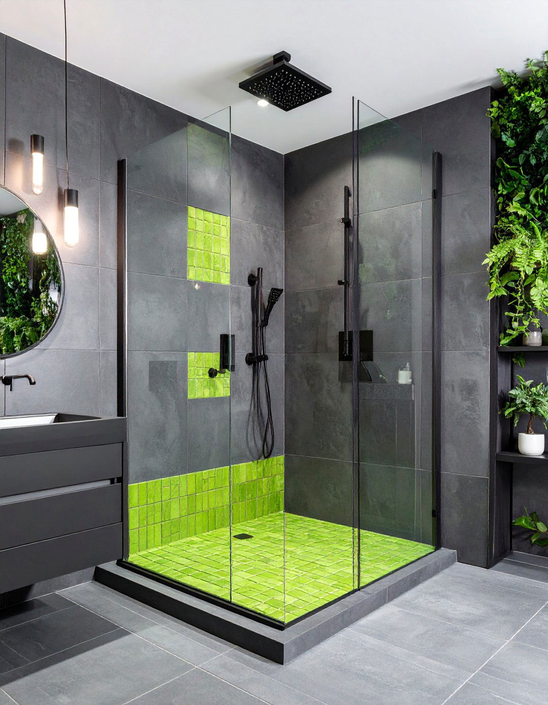 Lime Green Accent Tiles with Charcoal Gray Shower - 25 Black and Green Bathroom Ideas