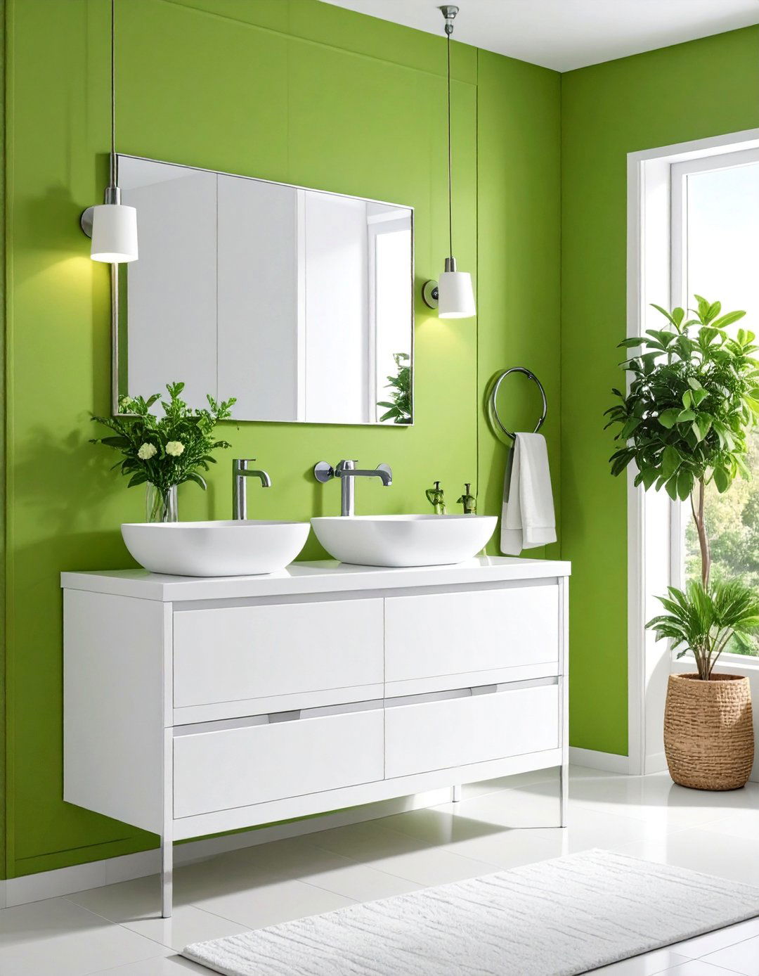 Lime Green Accent Wall Powder Room with White Elements - 25 Green Powder Room Ideas