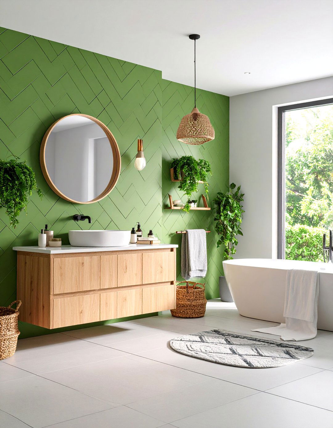 Lime Green Accent Wall with Neutral Base - 25 Green Tile Bathroom Ideas