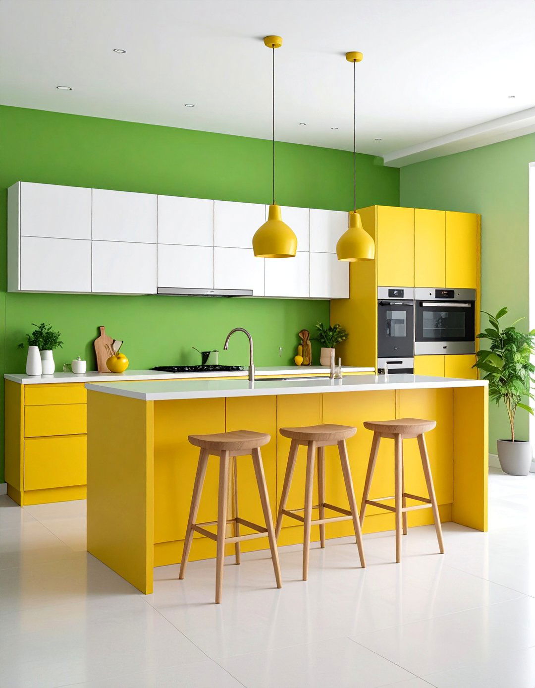 Lime Green Accent Wall with Yellow Pendant Lighting - 25 Green and Yellow Kitchen Ideas