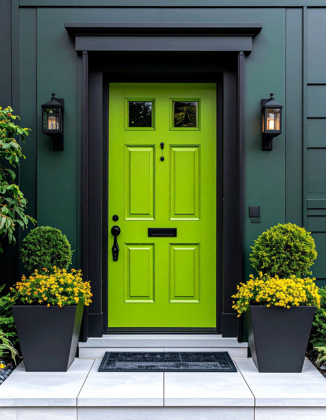 Lime Green Front Door with Modern Black Accents - 25 Green Front Door Ideas