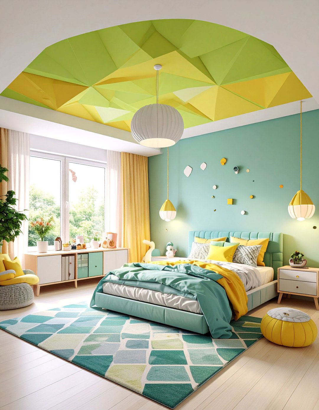 Lime Green Geometric Ceiling Pattern in Kids Room - 25 Green Ceiling Ideas
