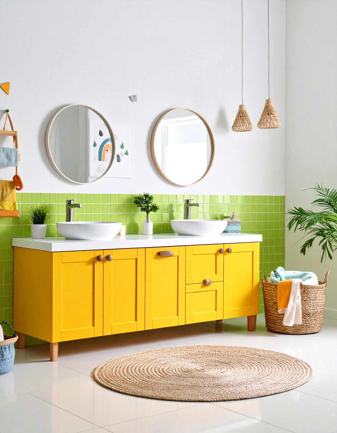Lime Green Mosaic Backsplash with Sunny Yellow Vanity - 25 Yellow and Green Bathroom Ideas