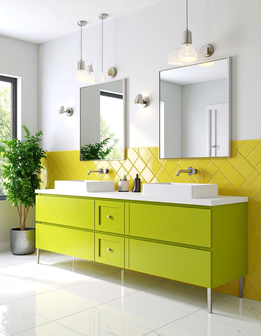 Lime Green Vanity with Butter Yellow Subway Tiles - 25 Yellow and Green Bathroom Ideas