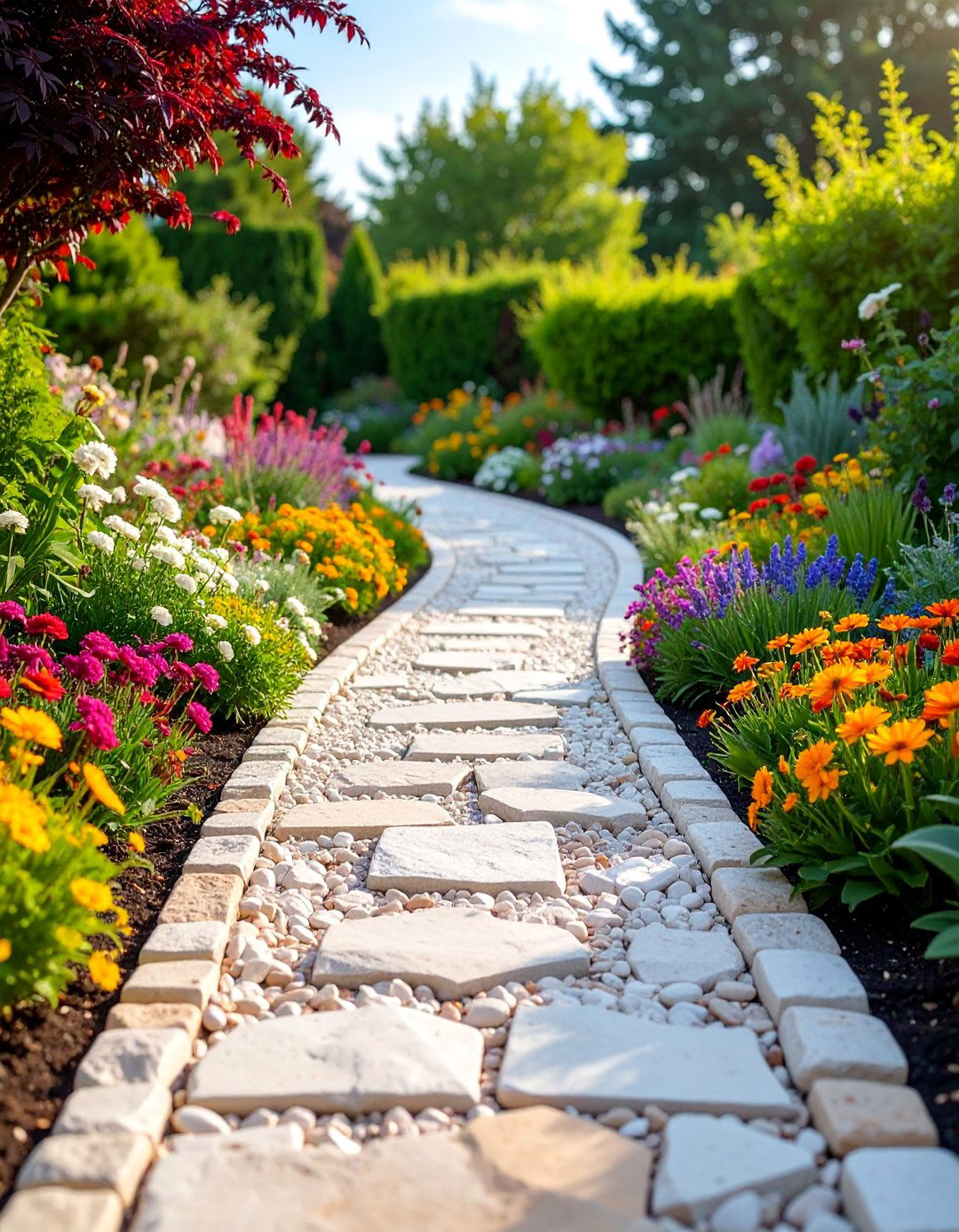 Limestone Chip Walkway with Perennial Borders - 25 Farmhouse Walkway Ideas