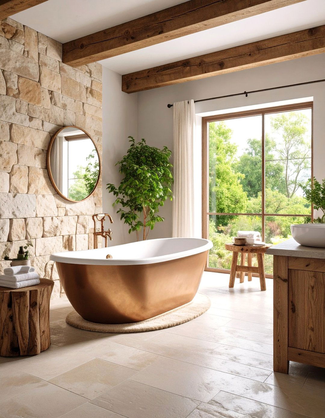 Limestone and Reclaimed Barn Wood Farmhouse Bathroom - 25 Earthy Bathroom Ideas