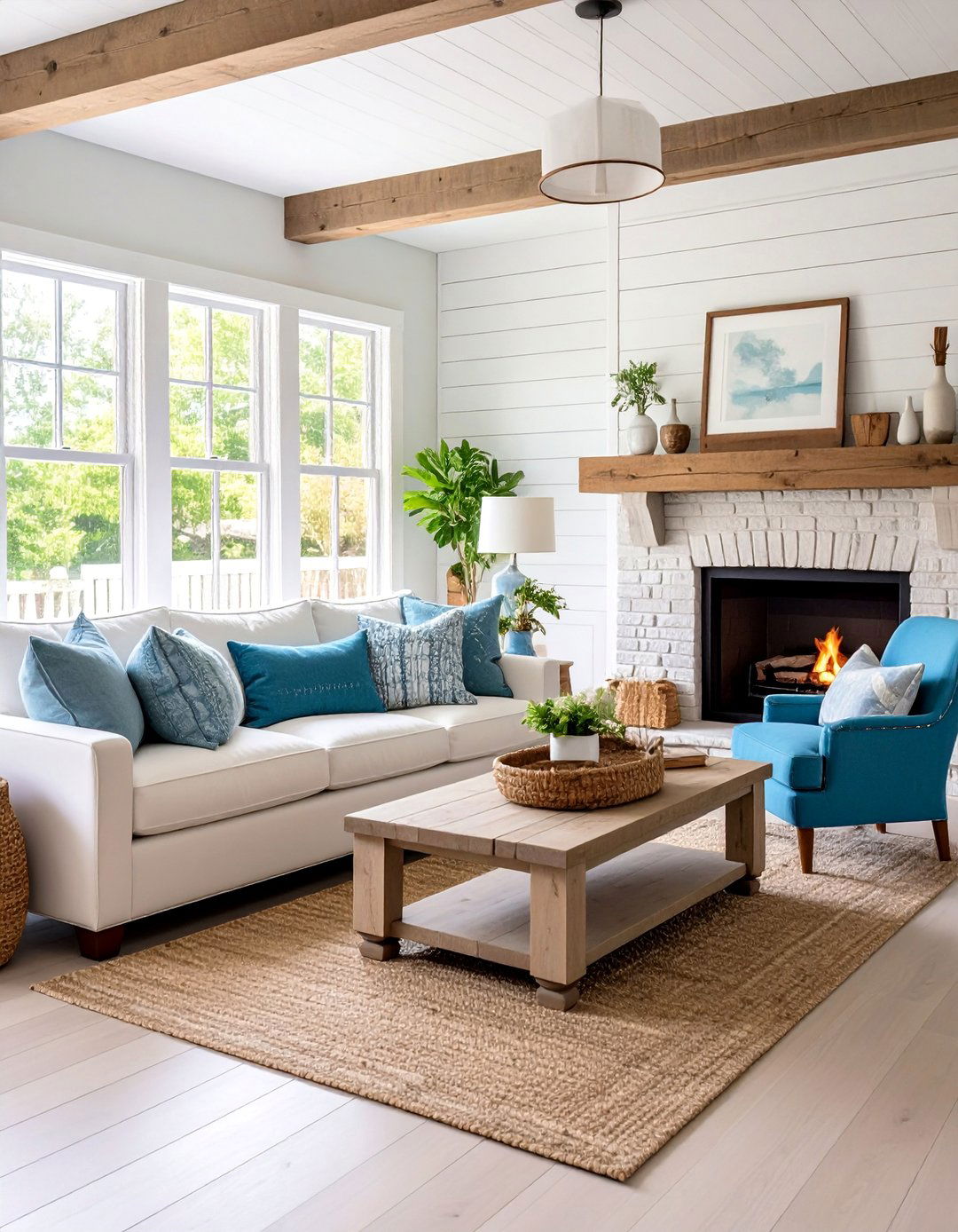Limewashed Brick Fireplace with Shiplap Accent Wall - 25 Brick Fireplace Ideas