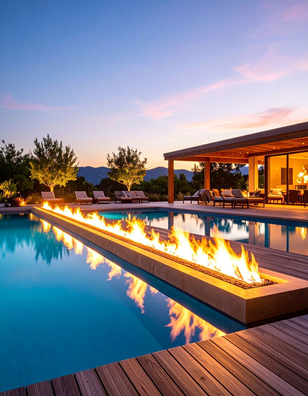 Linear Fire Strip Pool Fountain - 25 Pool Fountain Ideas