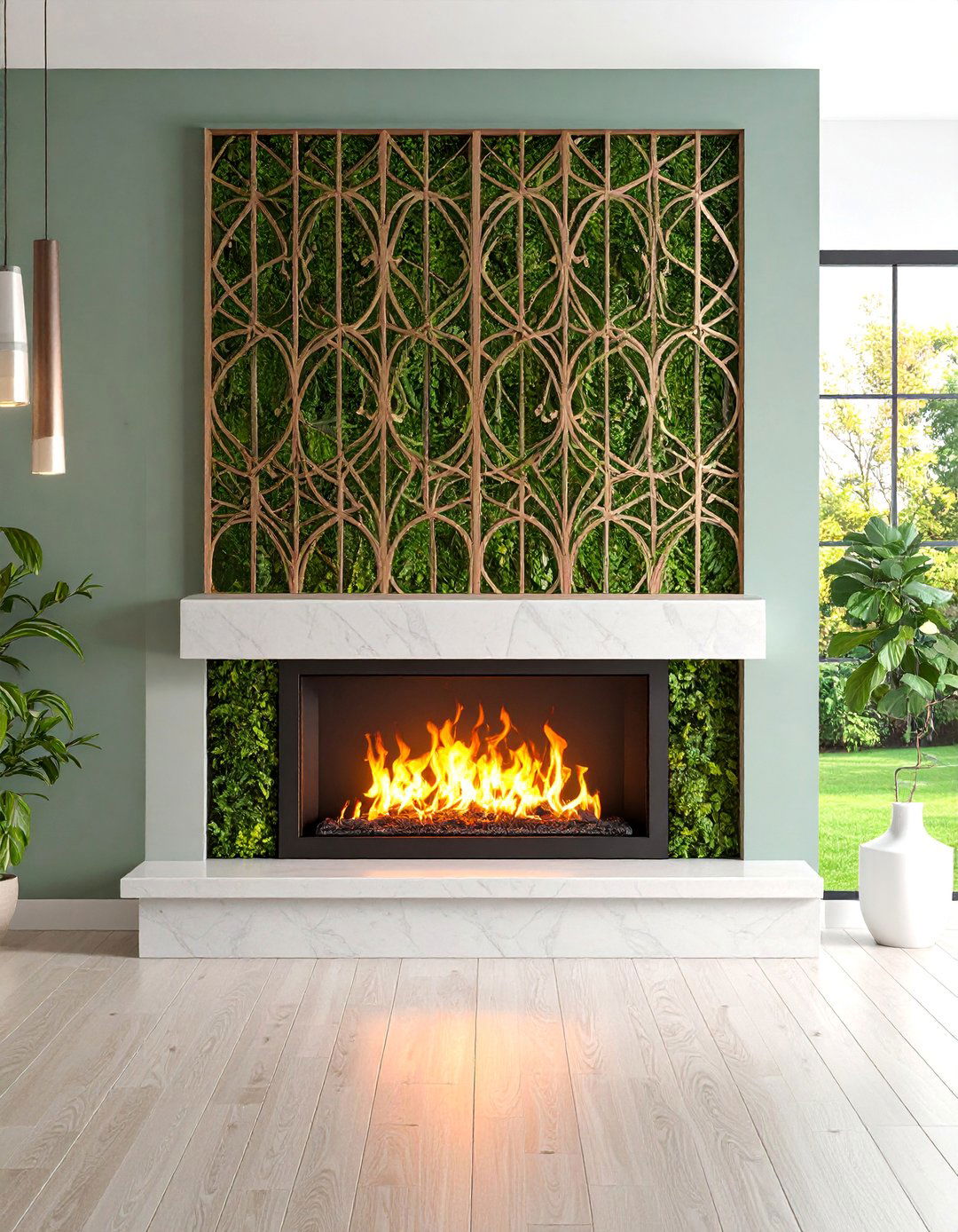 Linear Fireplace with Artistic Metal Screen - 25 linear fireplace ideas