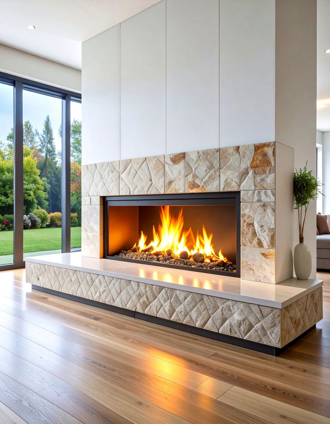 Linear Fireplace with Textured Tile Surround - 25 linear fireplace ideas