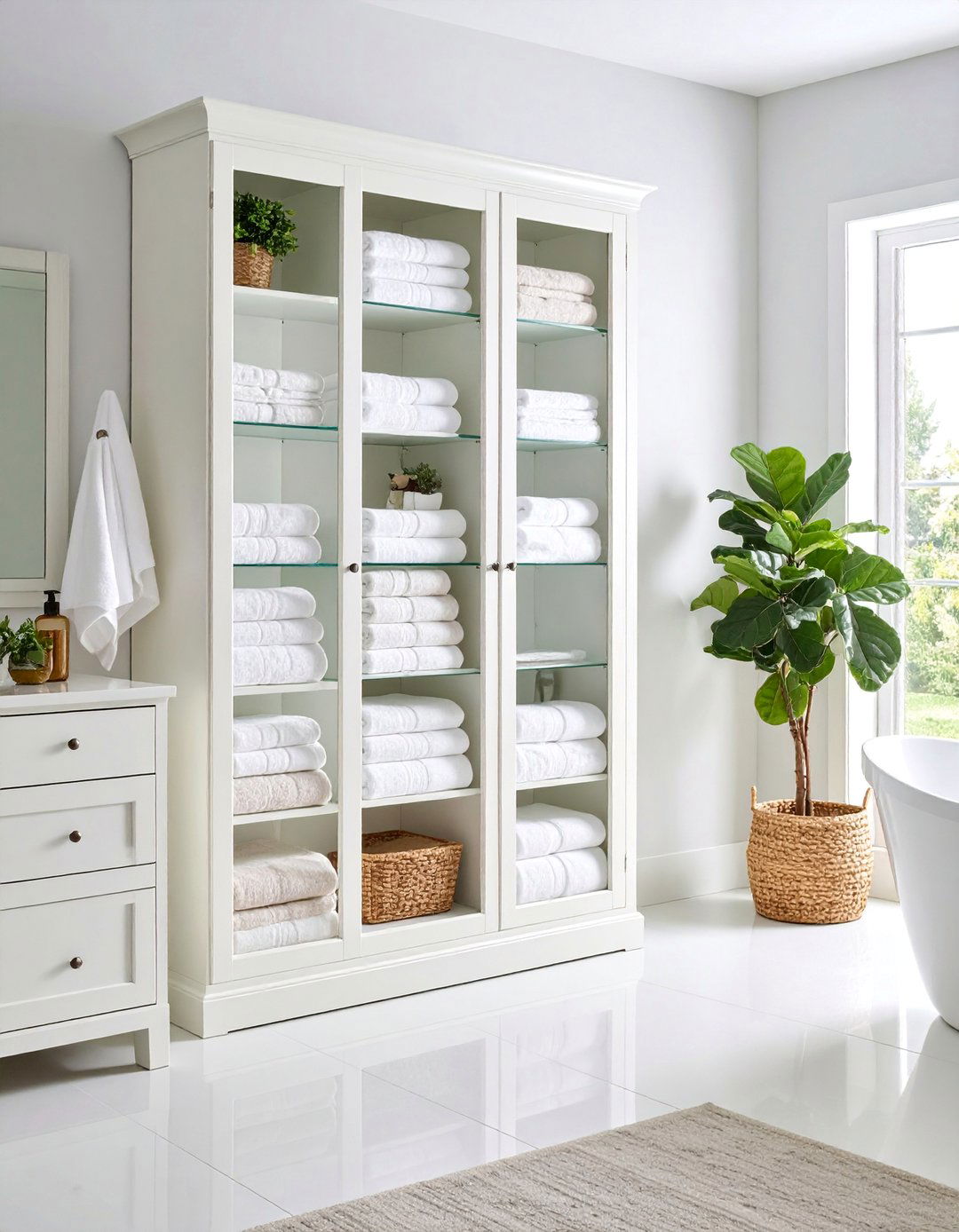 Linen Tower Cabinet with Open Shelving - 25 Bathroom Cabinet Ideas