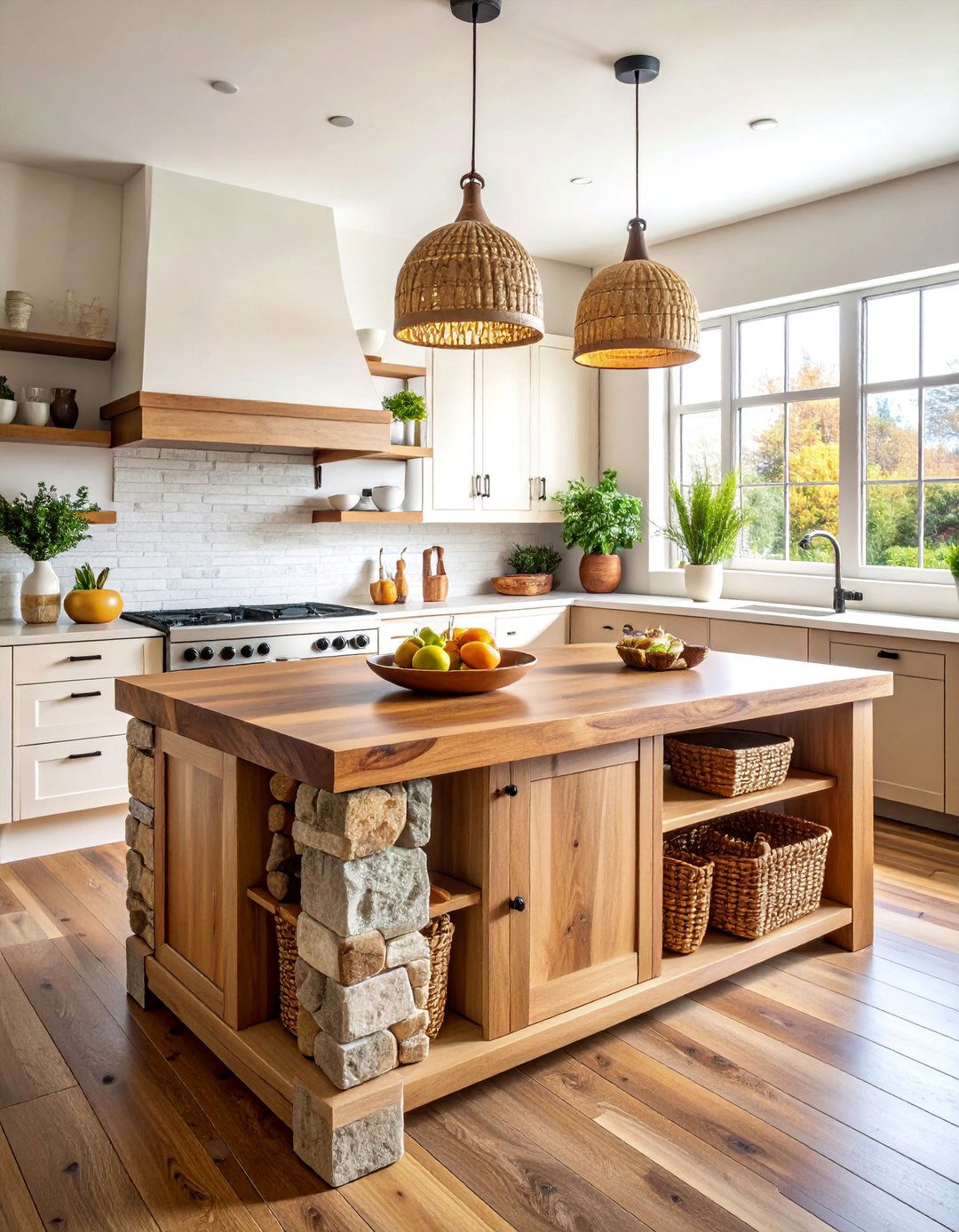 Live Edge Walnut Slab Island with Natural Stone Base - 25 Rustic Kitchen Island Ideas