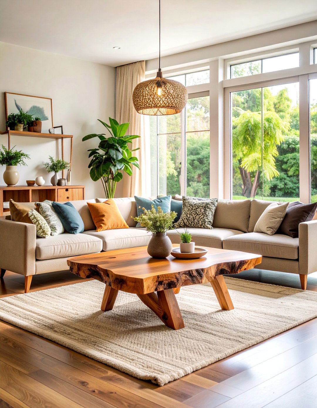 Live Edge Wood Features Living Room - 25 Organic Modern Living Room Design Ideas