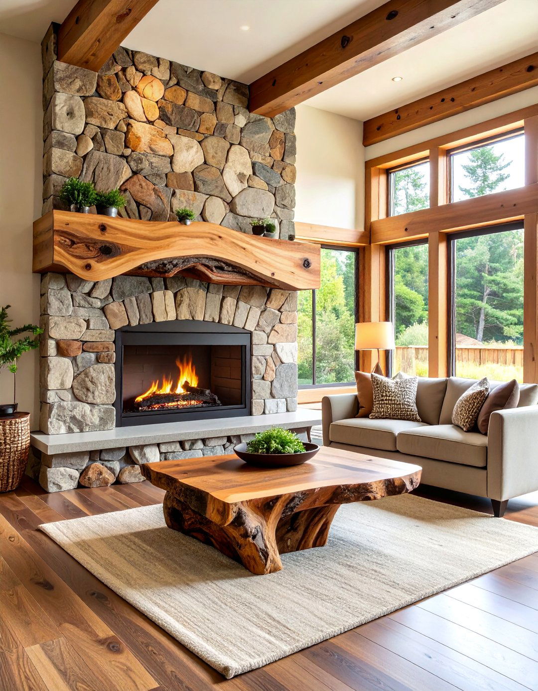 Live Edge Wood Mantel with Natural Bark Inclusion - 25 Wood Mantel Ideas
