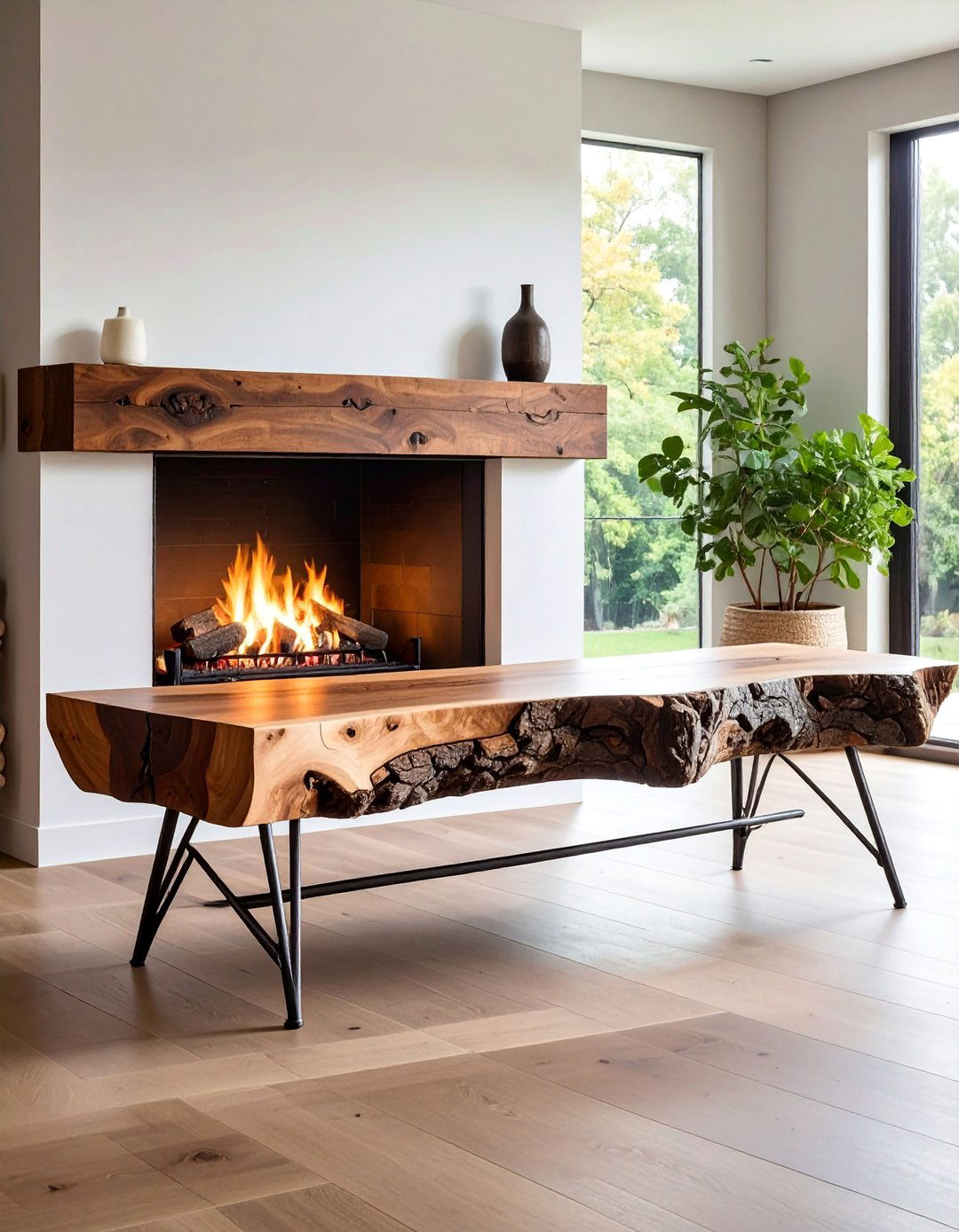 Live Edge Wood Slab Fireplace Bench - 25 Fireplace Bench Ideas