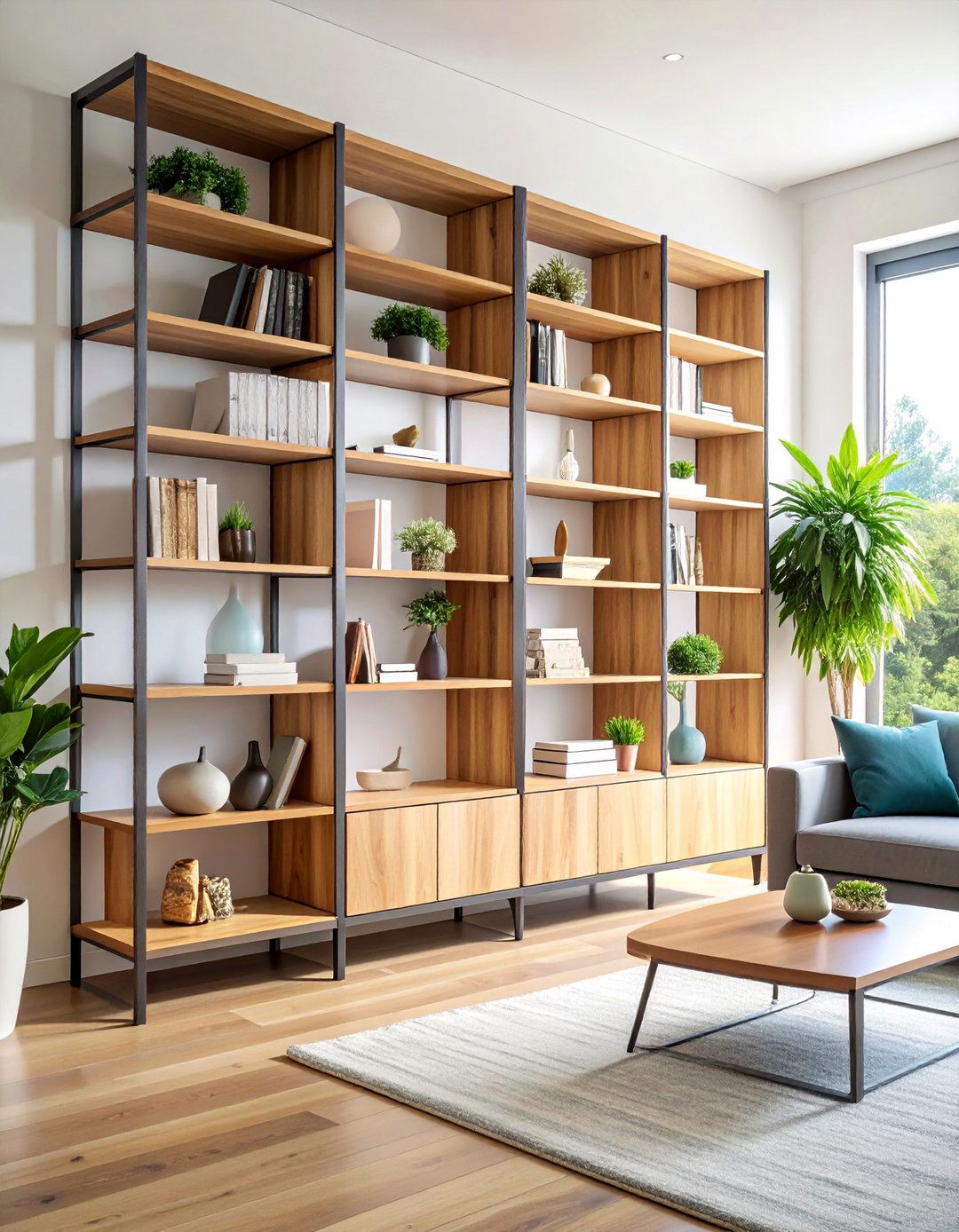 Live Edge Wood and Steel Bookcase - 25 Living Room Bookshelf Ideas