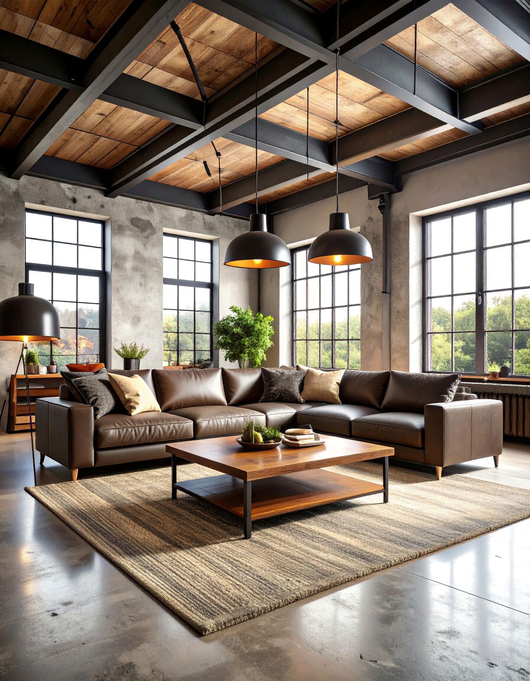 Living Room Loft with Exposed Steel Beams - 25 Industrial Interior Design Style Ideas