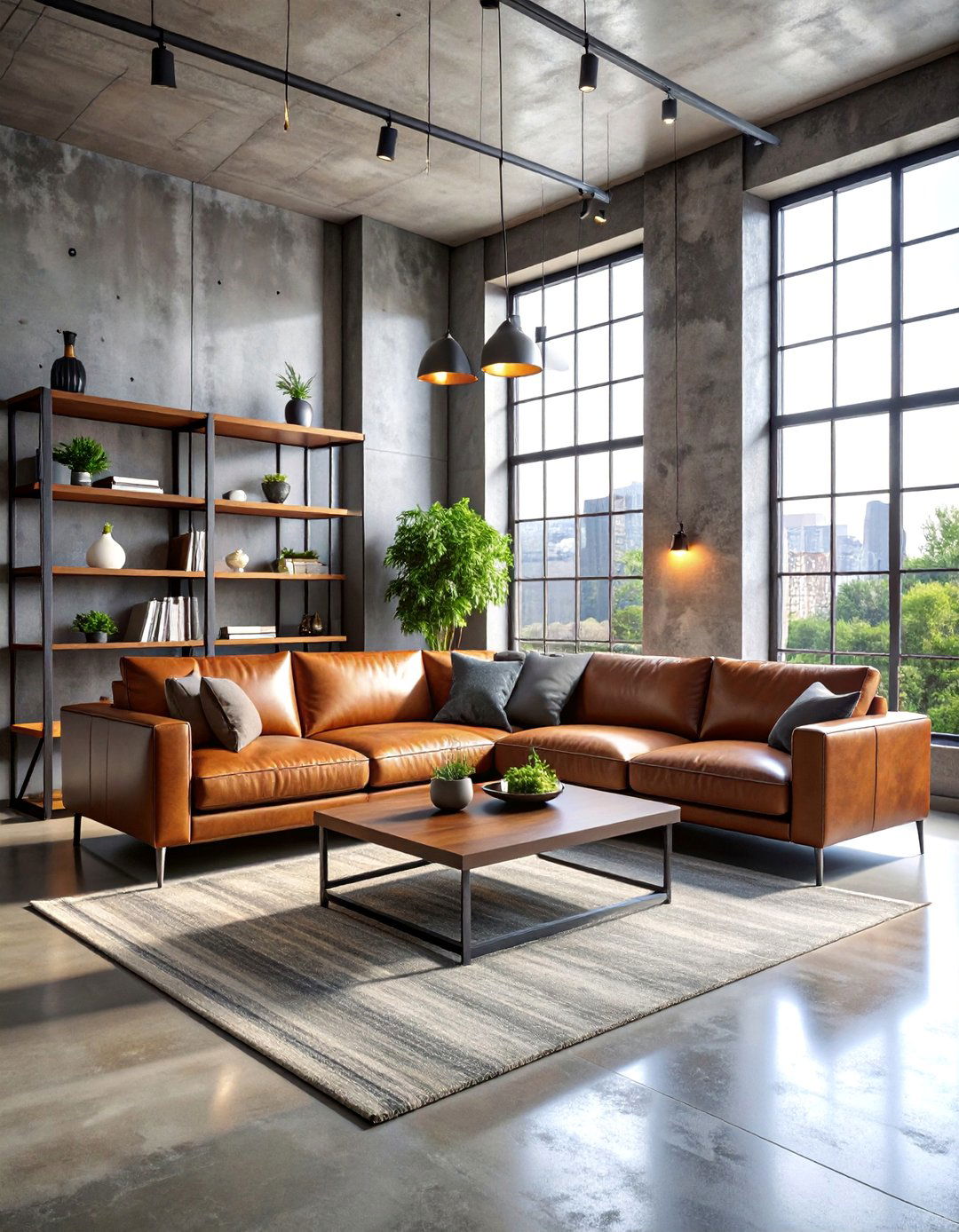 Living Room with Concrete Walls and Vintage Leather Furniture - 25 Industrial Interior Design Style Ideas