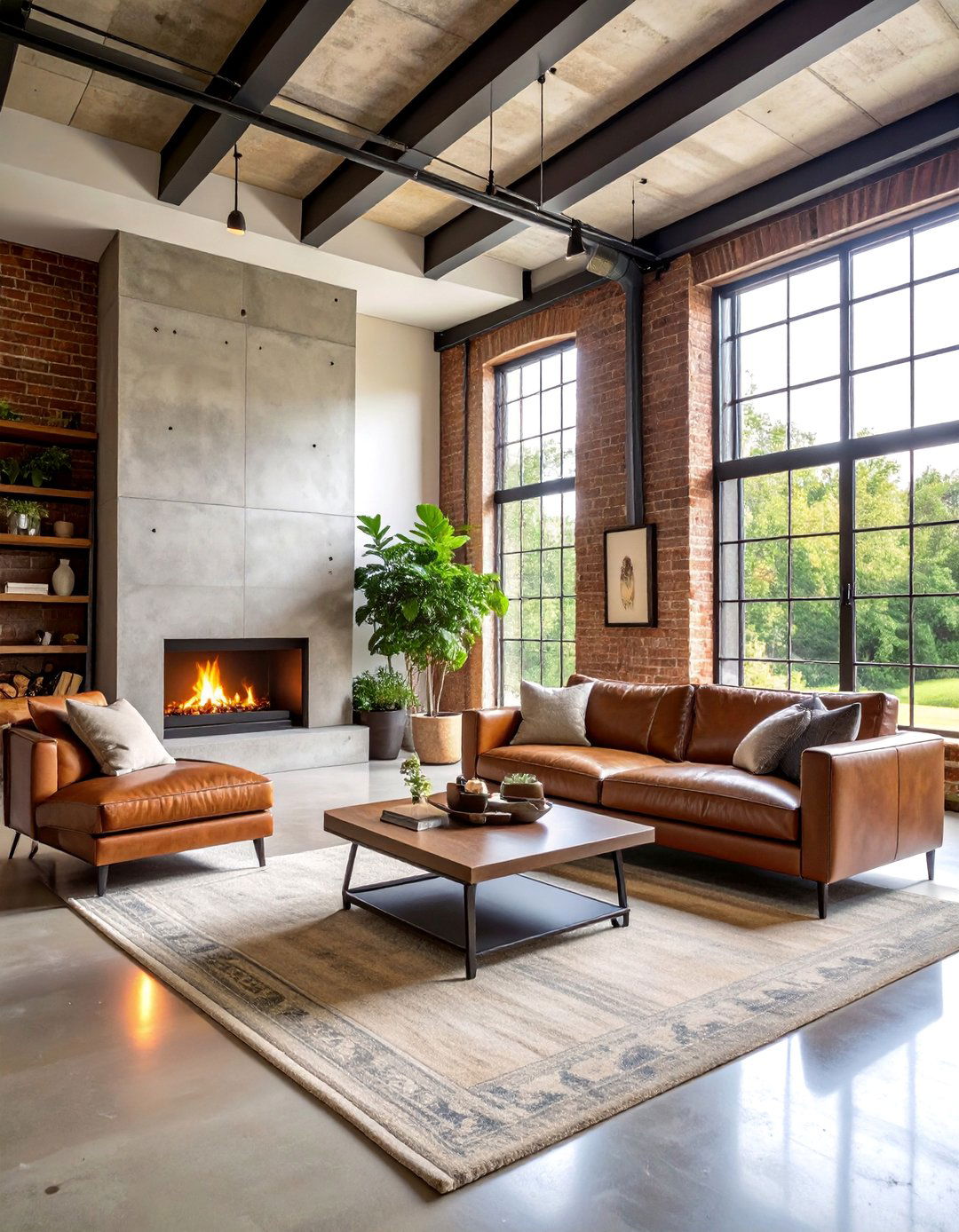 Living Room with Industrial Fireplace and Metal Accents - 25 Industrial Interior Design Style Ideas