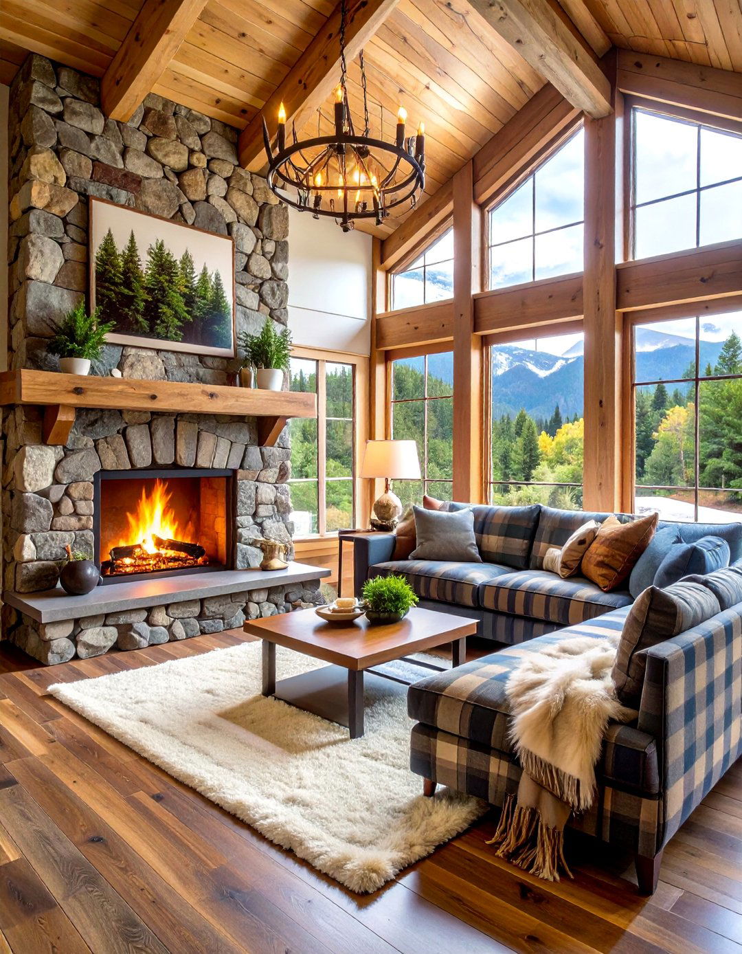 Lodge Cabin Sectional with River Rock Fireplace - 25 Living Room Ideas With Sectionals and Fireplace