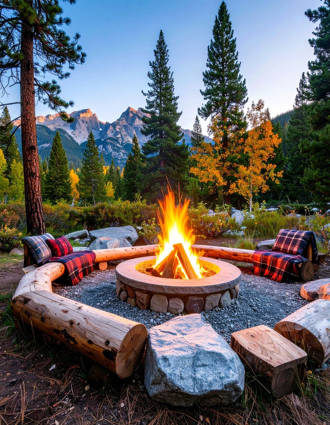Lodge Style Fire Pit with Natural Log Seating and Pine Surroundings - 25 Sunken Fire Pit Ideas