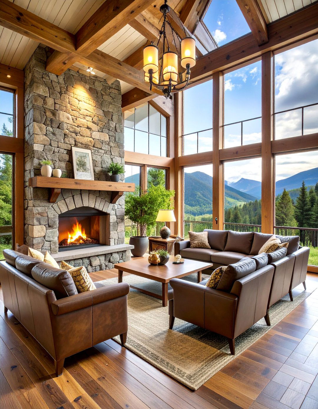 Lodge Style Sunroom with Fieldstone Fireplace and Rustic Furniture - 25 Sunroom With Fireplace