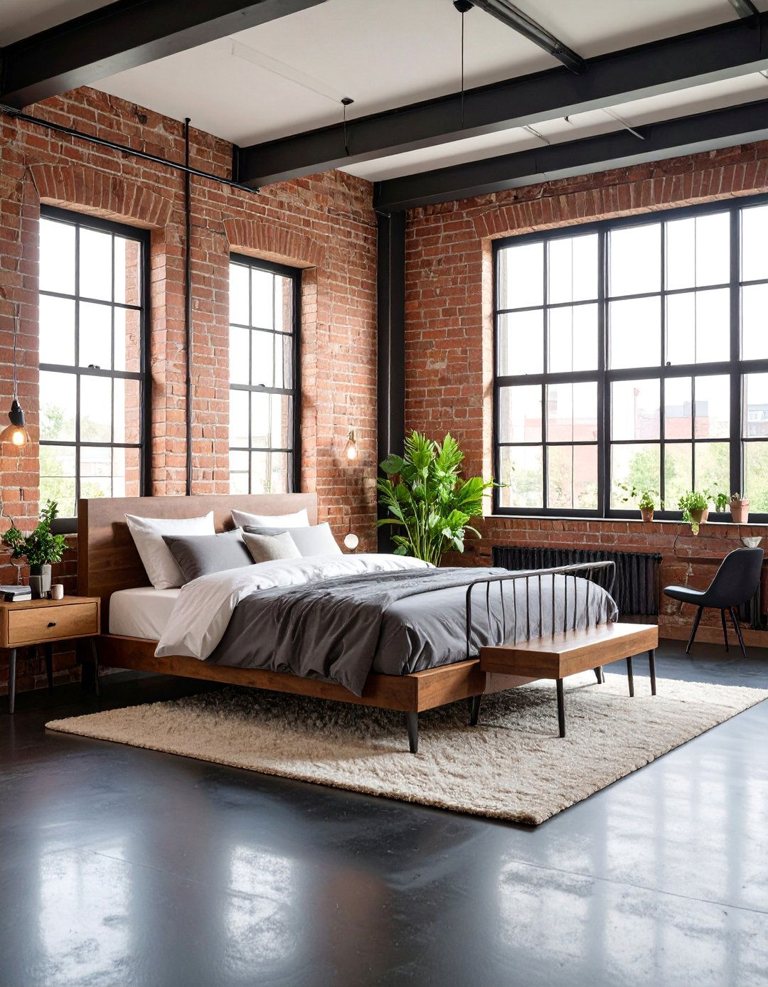 Loft Bedroom with Black Polished Concrete Floors and Exposed Structure - 25 Black Floor Bedroom Ideas