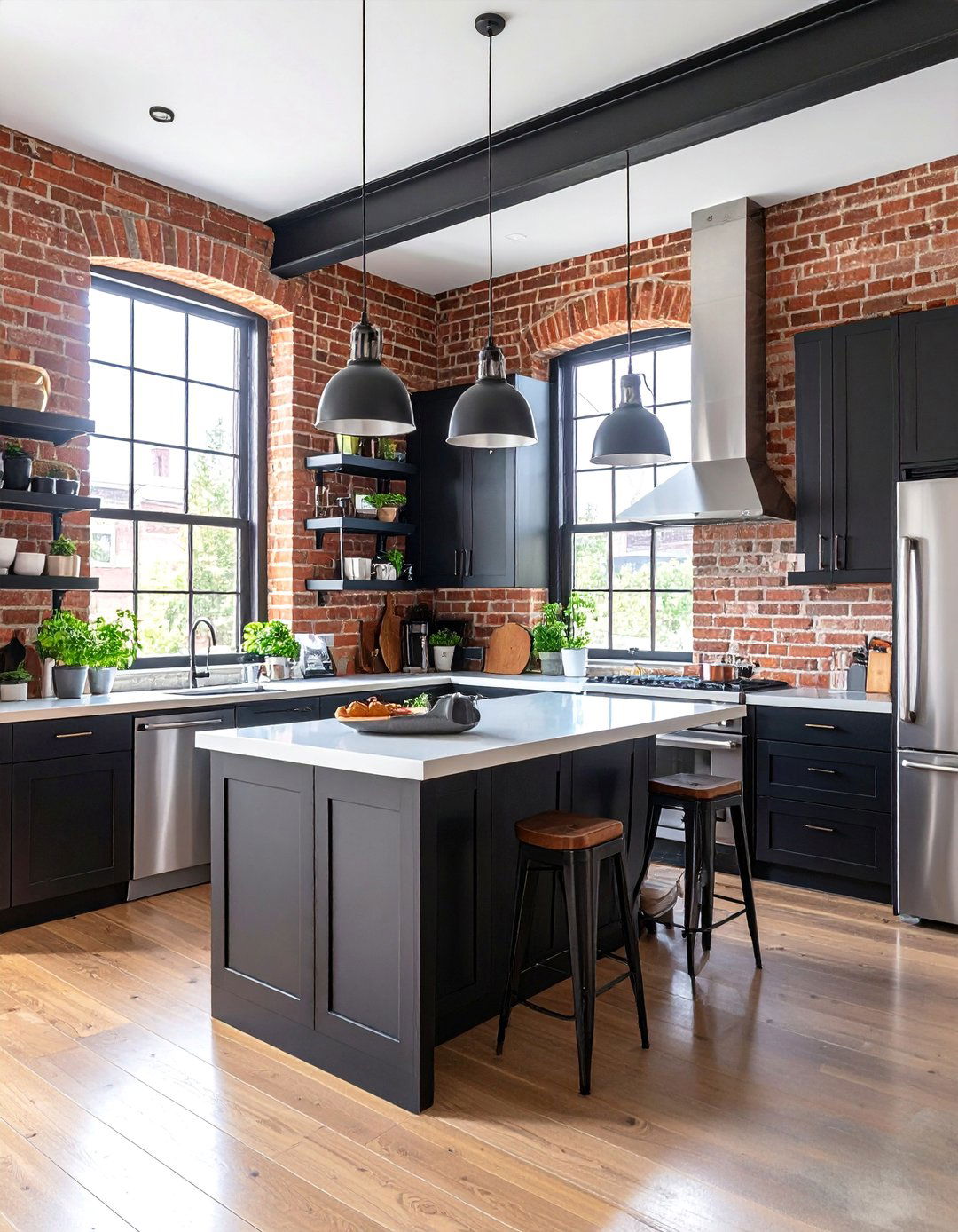 Loft Kitchen with Exposed Brick and Black Cabinets - 25 Black and White Kitchen Ideas