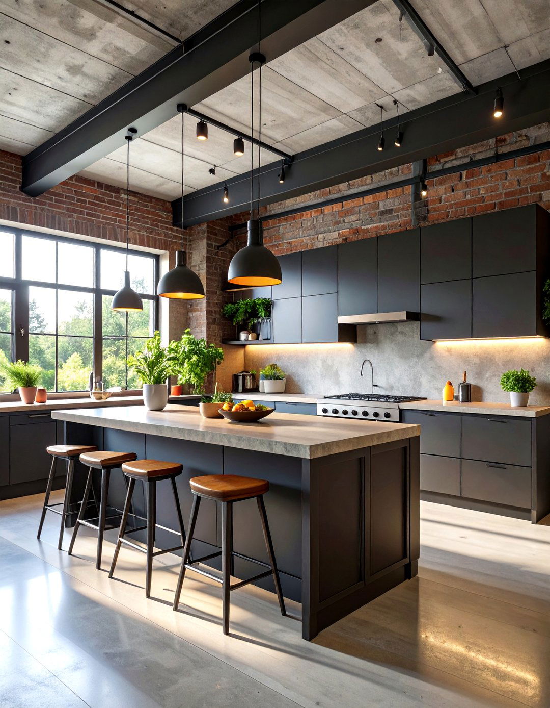Loft Style Black Kitchen with Concrete Counters and Steel Elements - 25 Kitchens With Black Cabinets