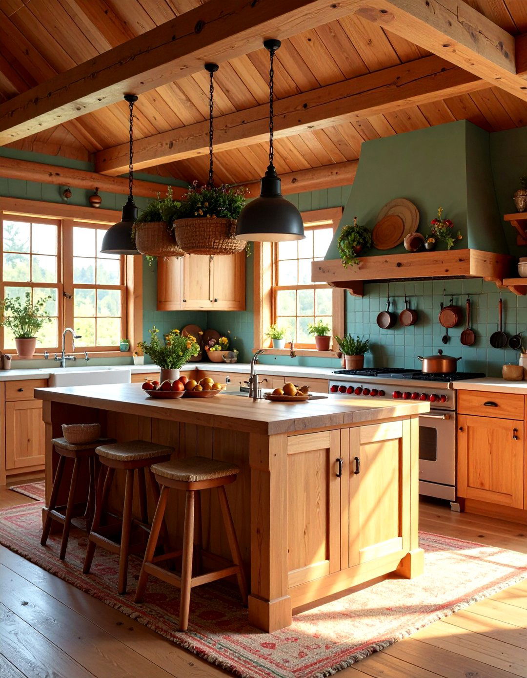Log Cabin Kitchen with Butcher Block Island and Hanging Pot Storage - 25 Log Cabin Kitchen Design Ideas