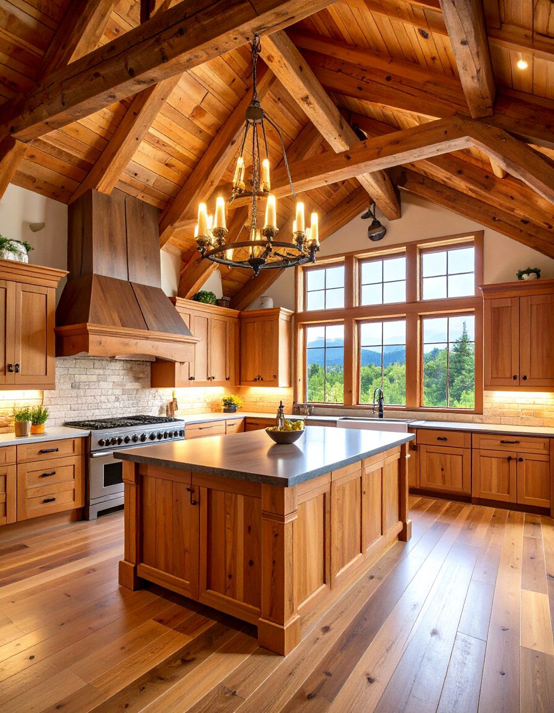 Log Cabin Kitchen with Cathedral Ceiling and Rustic Chandelier - 25 Log Cabin Kitchen Design Ideas