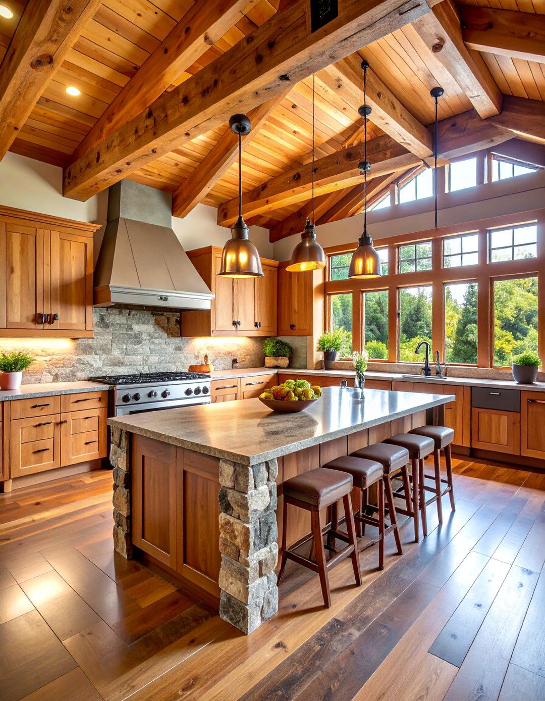 Log Cabin Kitchen with Exposed Timber Frame and Stone Island - 25 Log Cabin Kitchen Design Ideas