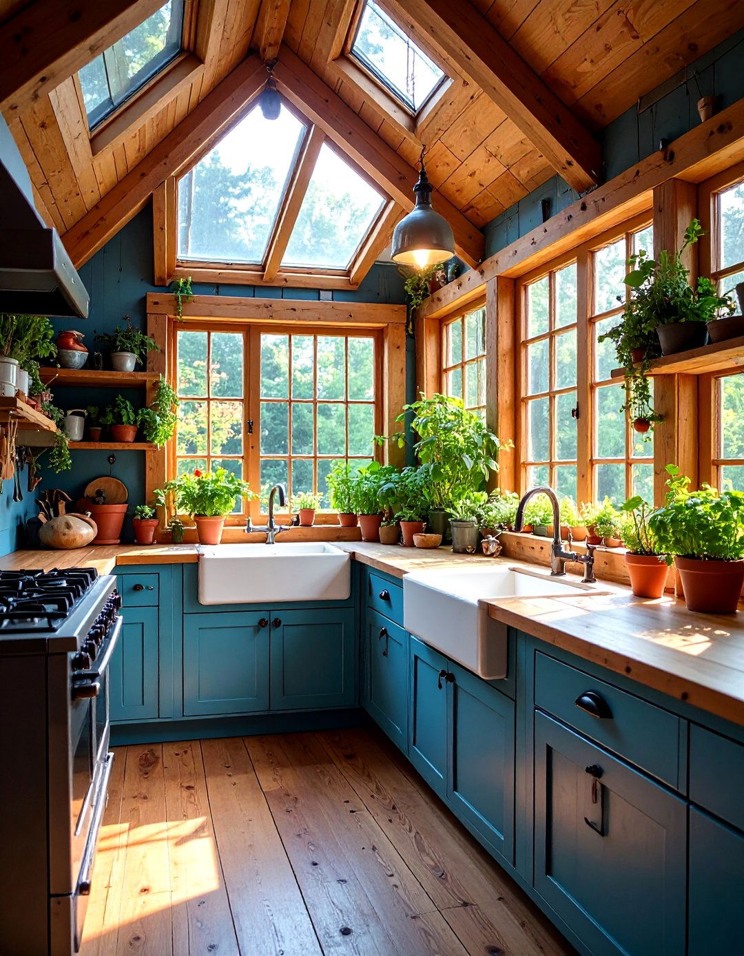 Log Cabin Kitchen with Greenhouse Window and Herb Garden - 25 Log Cabin Kitchen Design Ideas