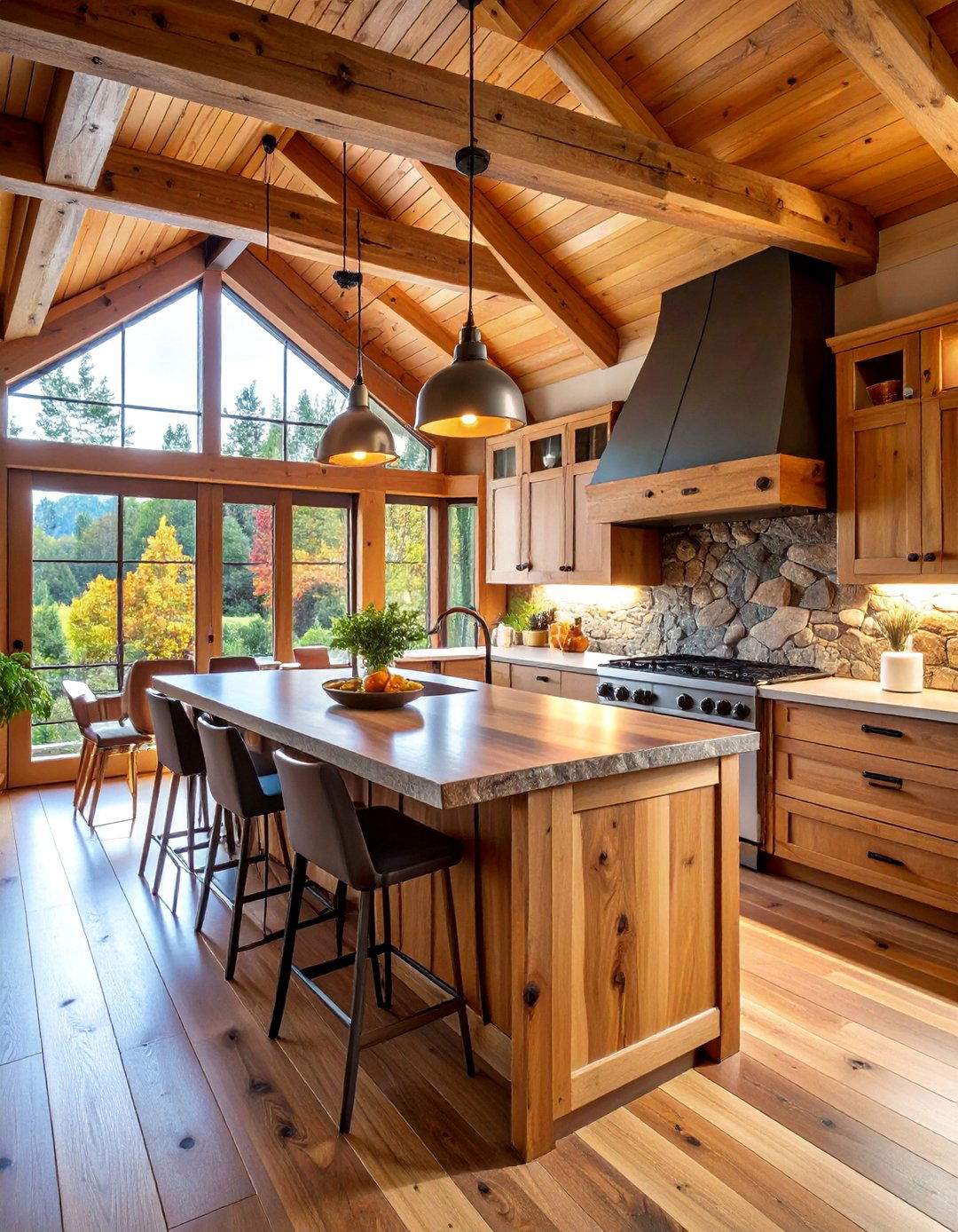Log Cabin Kitchen with Live Edge Wood Countertops and River Rock Backsplash - 25 Log Cabin Kitchen Design Ideas