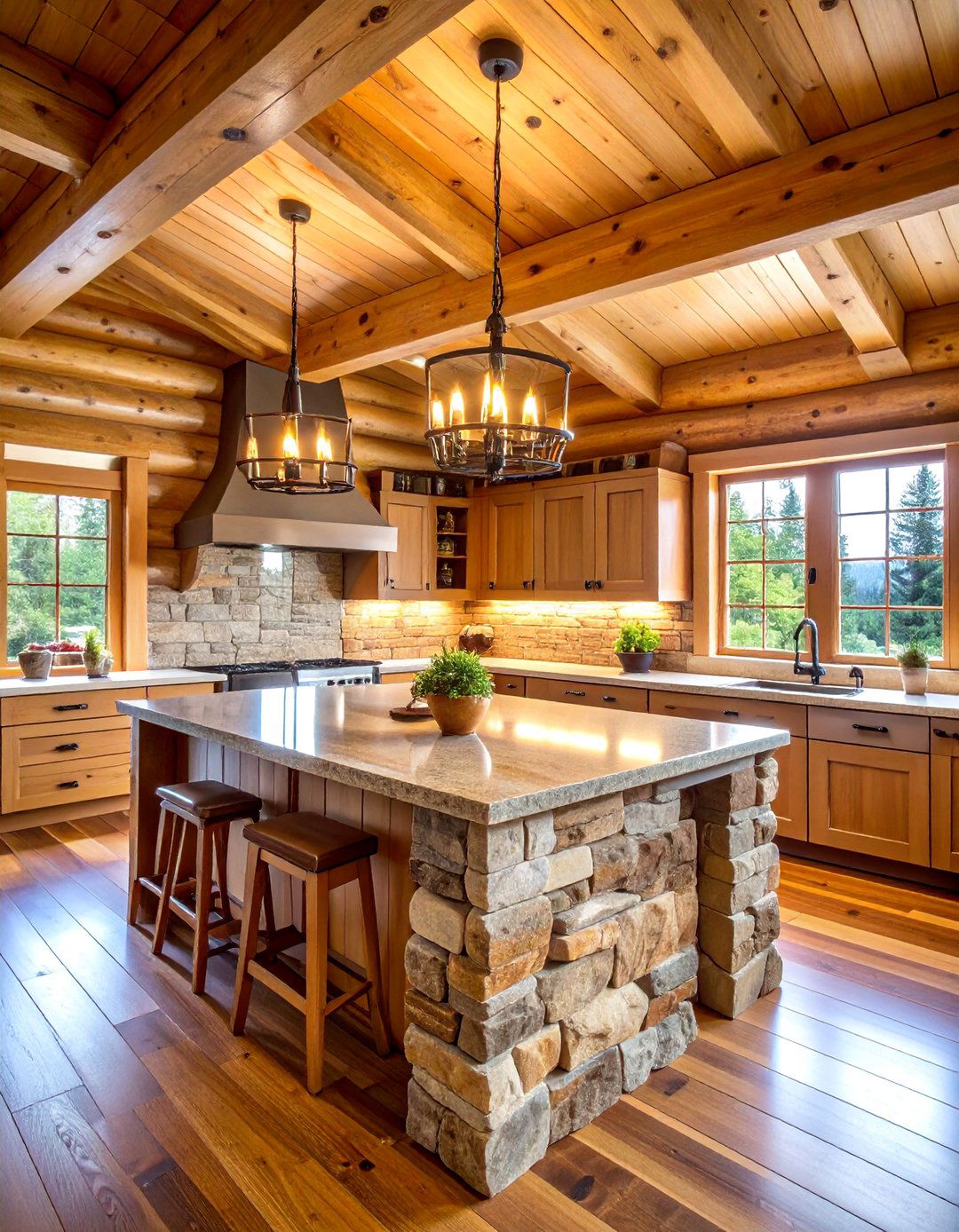 Log Cabin Kitchen with Natural Stone Island - 25 Cabin Kitchen Ideas
