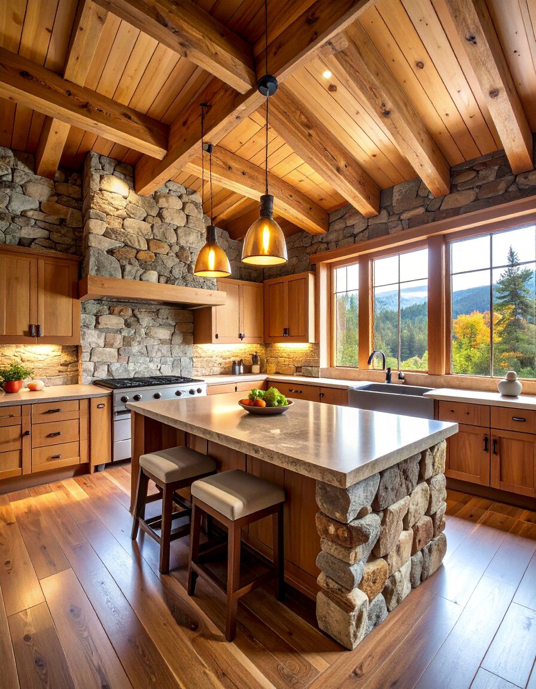 Log Cabin Kitchen with Natural Stone Walls and Waterfall Countertop - 25 Log Cabin Kitchen Design Ideas