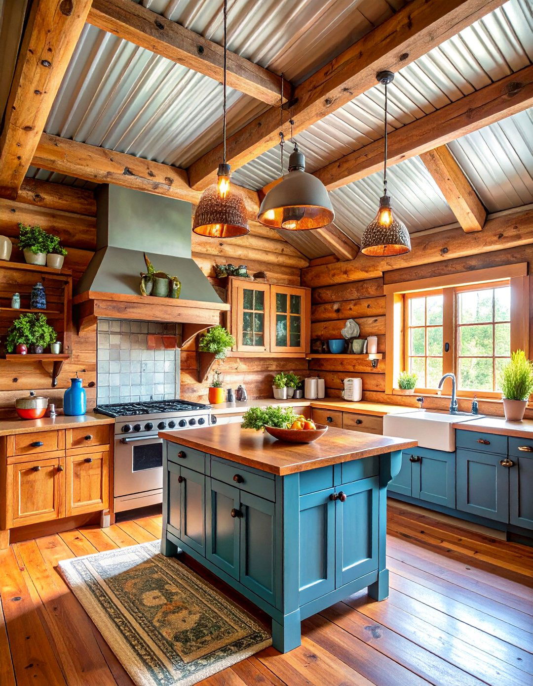 Log Cabin Kitchen with Tin Ceiling and Vintage Lighting - 25 Log Cabin Kitchen Design Ideas