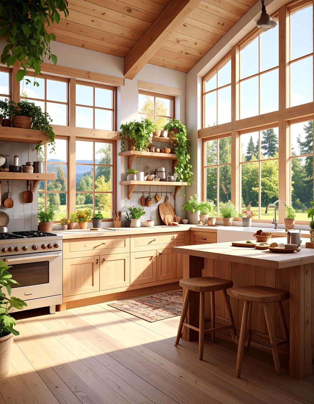Log Cabin Kitchen with Wrap Around Windows and Garden Views - 25 Log Cabin Kitchen Design Ideas