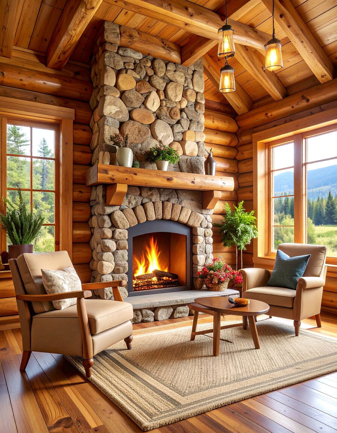 Log Cabin Rustic Fireplace with Chinking Details - 25 Rustic Fireplaces