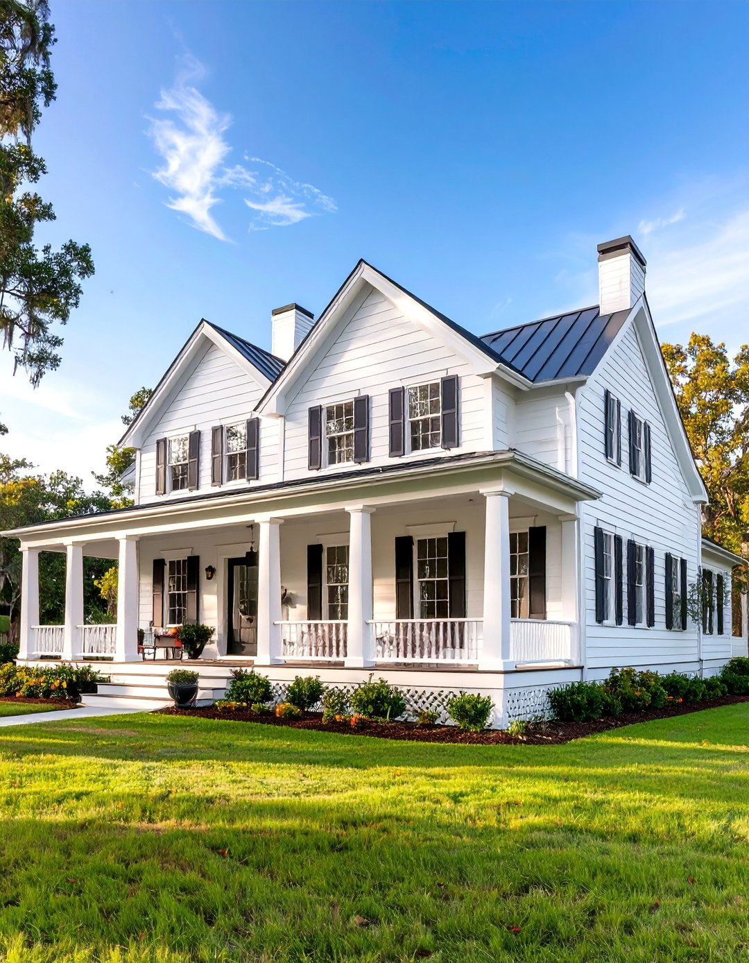 Low Country with Wide Wraparound Porches - 25 White Exterior Home with a Black Roof Ideas