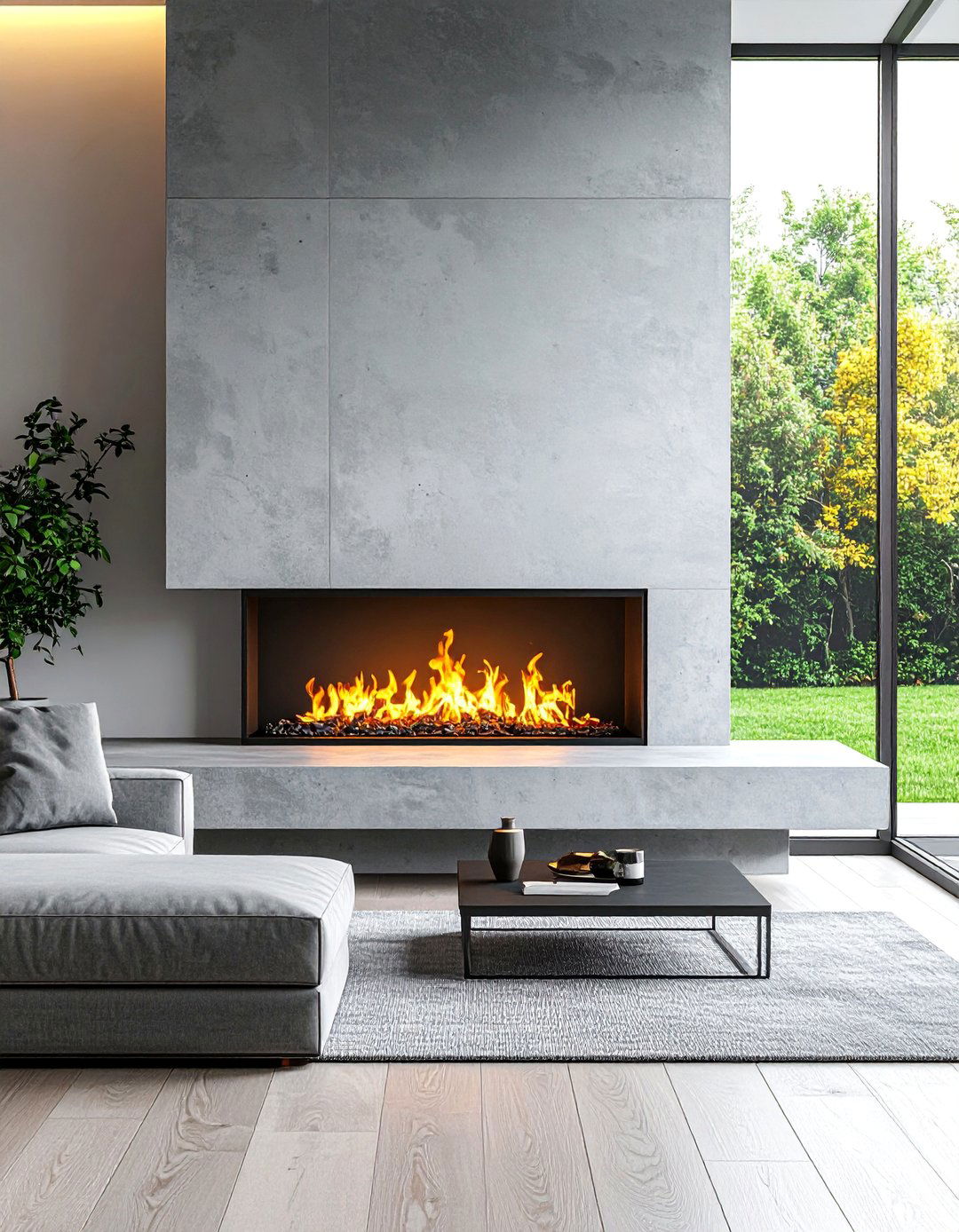 Low Profile Gas Fireplace with Concrete Bench - 25 Scandinavian Fireplace Ideas