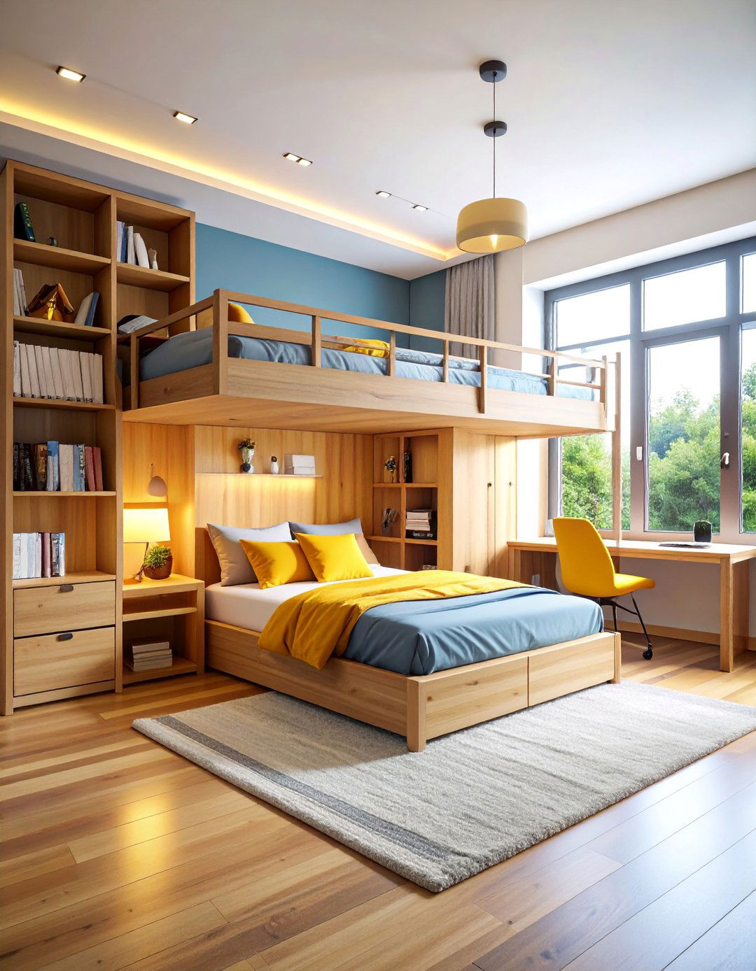 Low Profile Loft Bed with Study Zone Underneath - 25 2 Beds in One Small Room Ideas